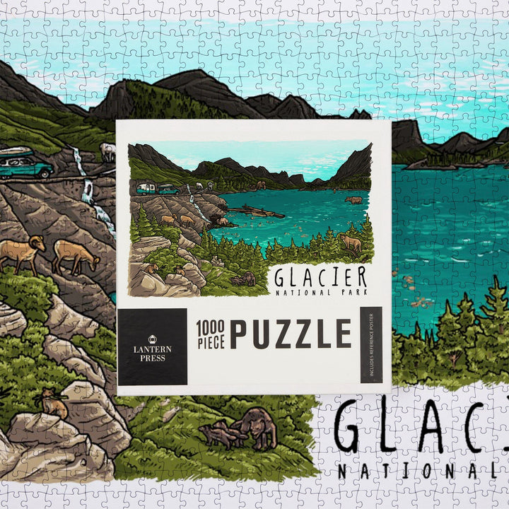 Glacier National Park, Montana, Line Drawing, Jigsaw Puzzle Puzzle Lantern Press 