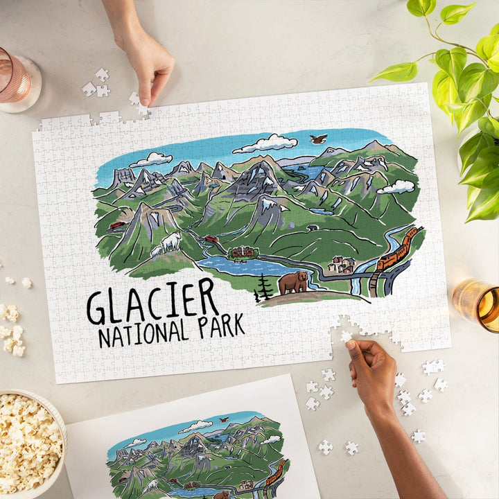 Glacier National Park, Montana, Line Drawing, Mountains, Jigsaw Puzzle Puzzle Lantern Press 