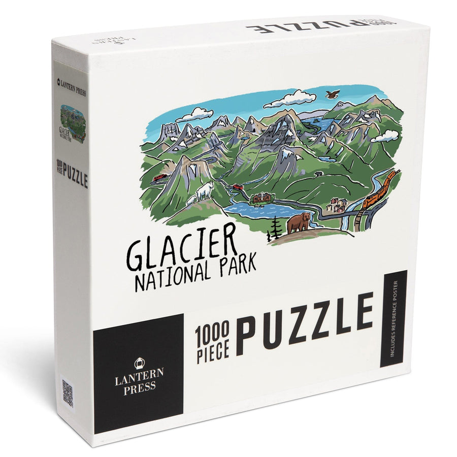 Glacier National Park, Montana, Line Drawing, Mountains, Jigsaw Puzzle Puzzle Lantern Press 