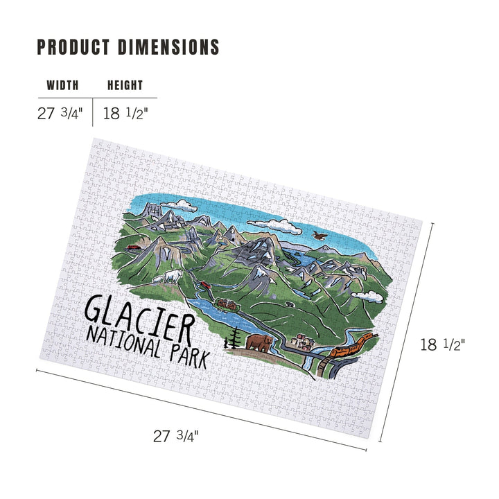 Glacier National Park, Montana, Line Drawing, Mountains, Jigsaw Puzzle Puzzle Lantern Press 