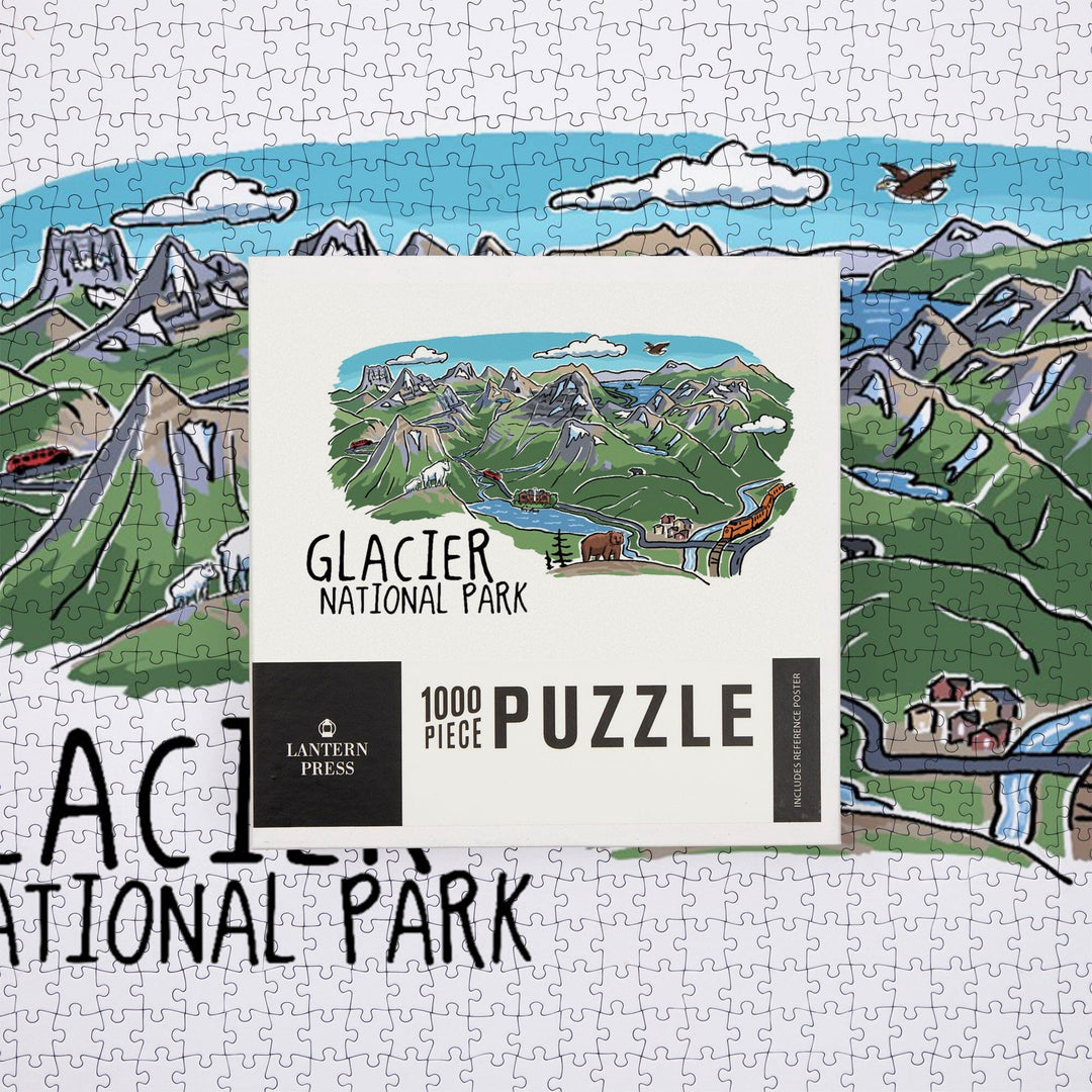 Glacier National Park, Montana, Line Drawing, Mountains, Jigsaw Puzzle Puzzle Lantern Press 