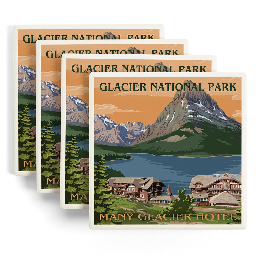 Glacier National Park, Montana, Many Glacier Hotel, Lantern Press Artwork, Coaster Set - Lantern Press