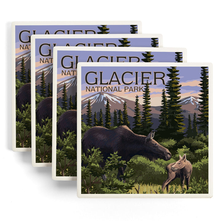 Glacier National Park, Montana, Moose and Calf, Coasters Coasters Lantern Press 