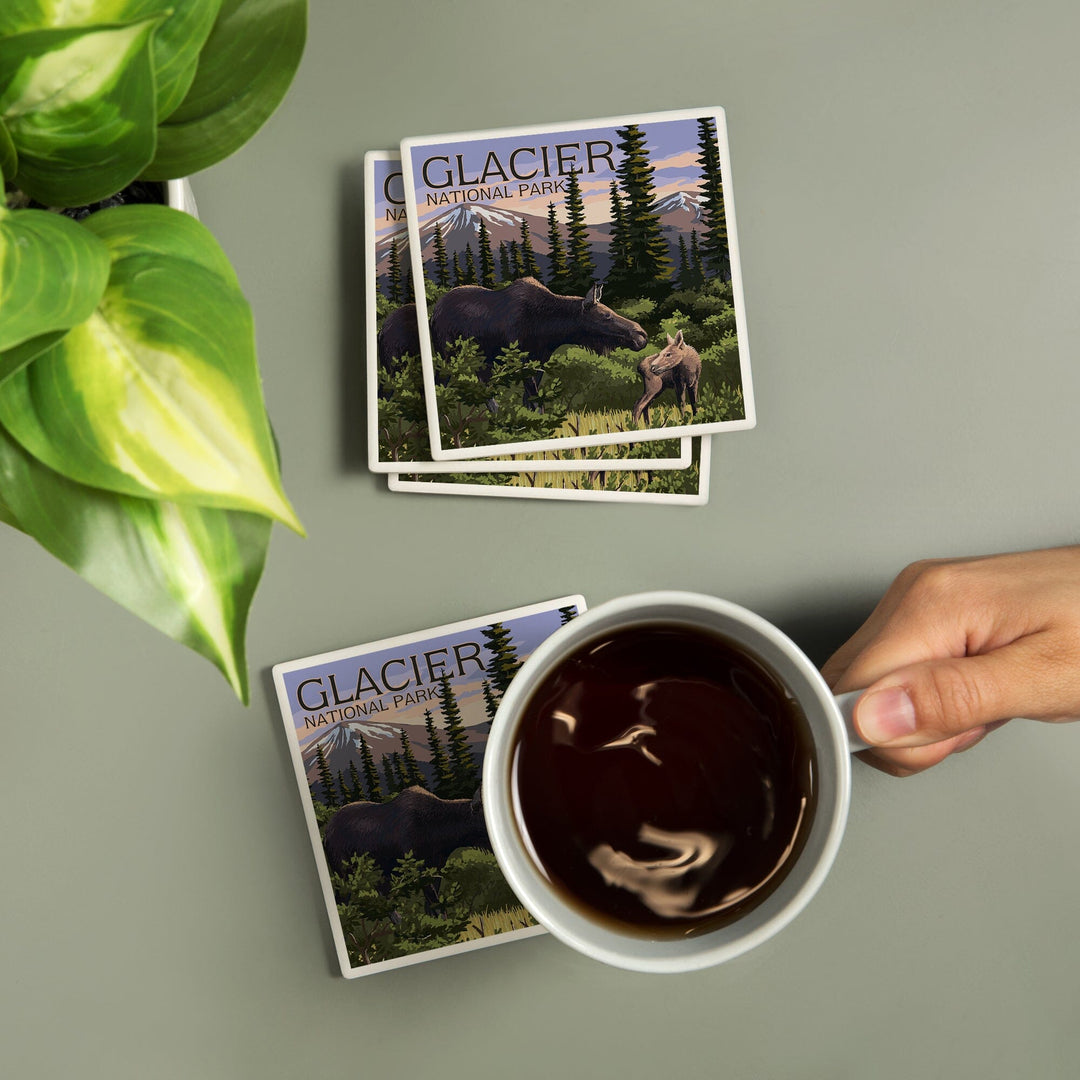 Glacier National Park, Montana, Moose and Calf, Coasters Coasters Lantern Press 