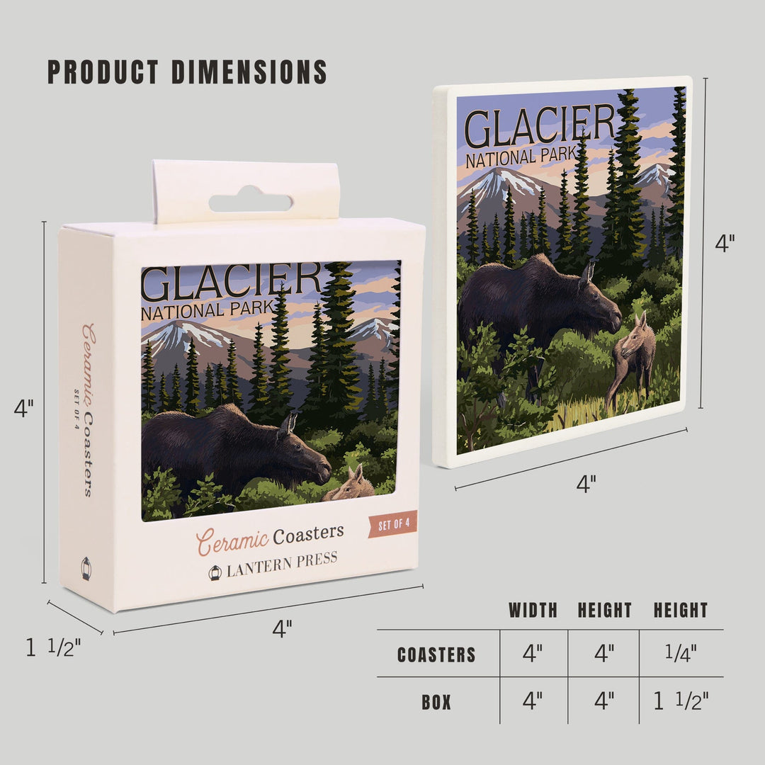 Glacier National Park, Montana, Moose and Calf, Coasters Coasters Lantern Press 