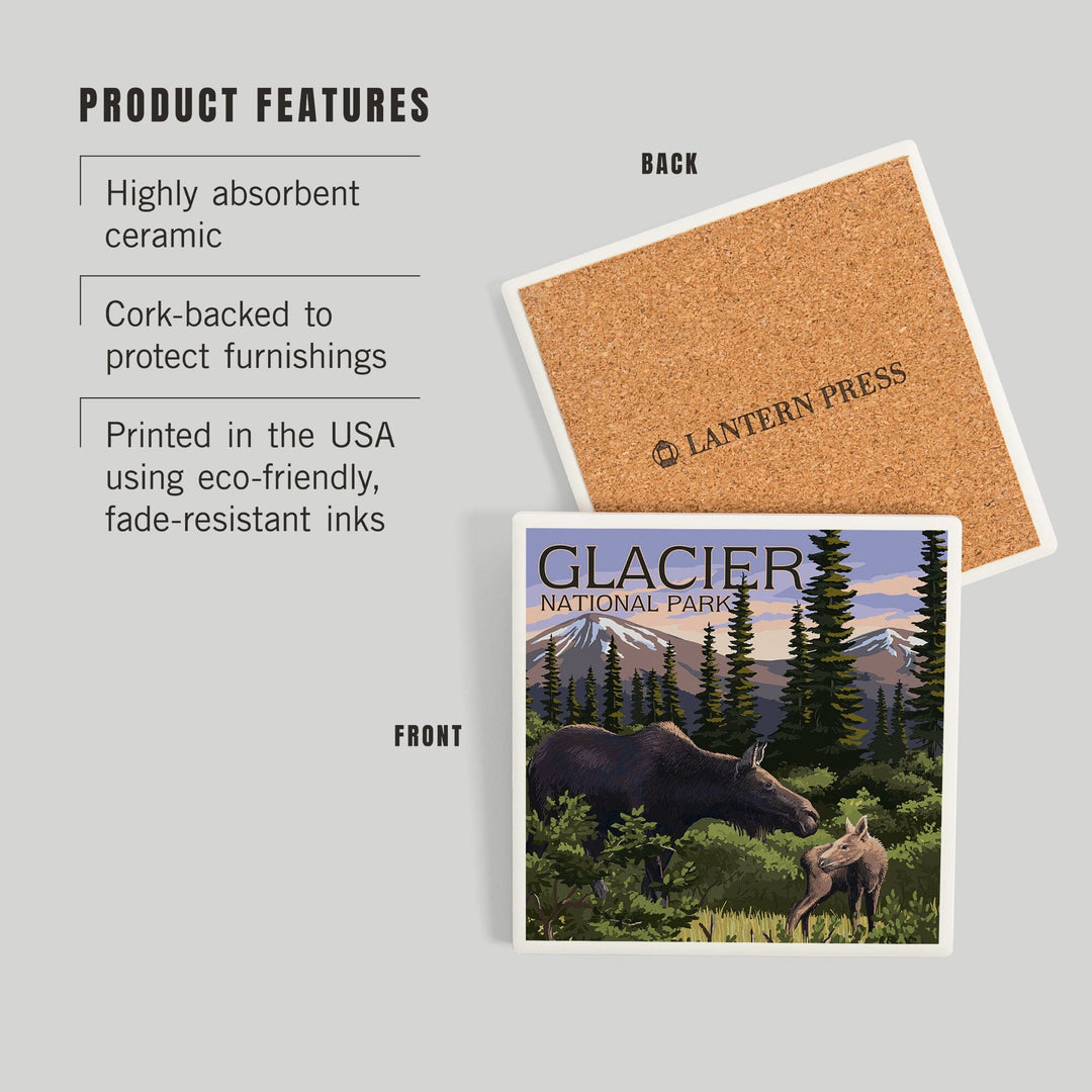 Glacier National Park, Montana, Moose and Calf, Coasters Coasters Lantern Press 