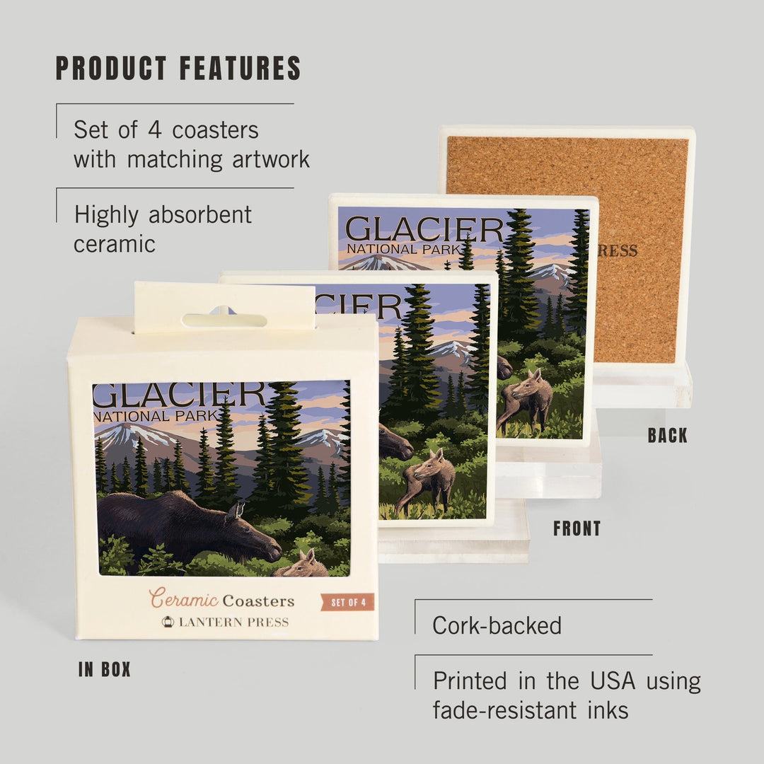 Glacier National Park, Montana, Moose and Calf, Coasters Coasters Lantern Press 