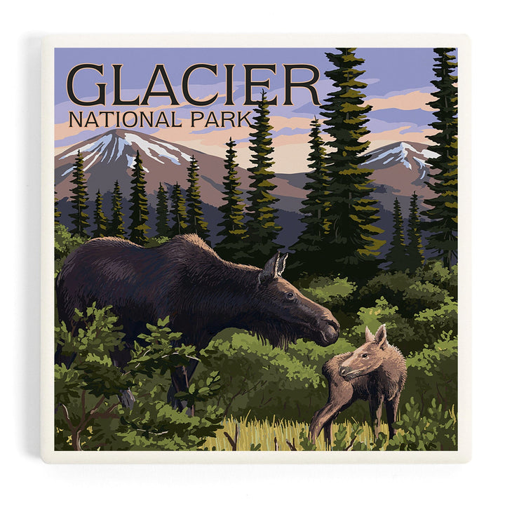 Glacier National Park, Montana, Moose and Calf, Coasters Coasters Lantern Press 