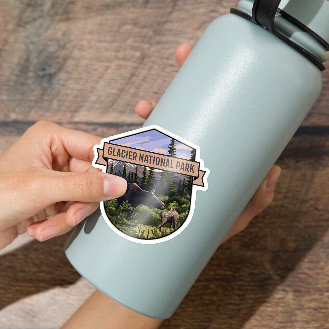 Glacier National Park, Montana, Moose and Calf, Contour, Lantern Press Artwork, Vinyl Sticker - Lantern Press