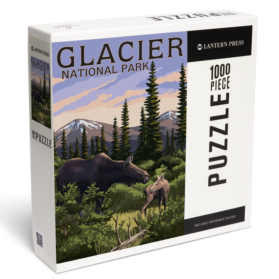 Glacier National Park, Montana, Moose and Calf, Jigsaw Puzzle Puzzle Lantern Press 