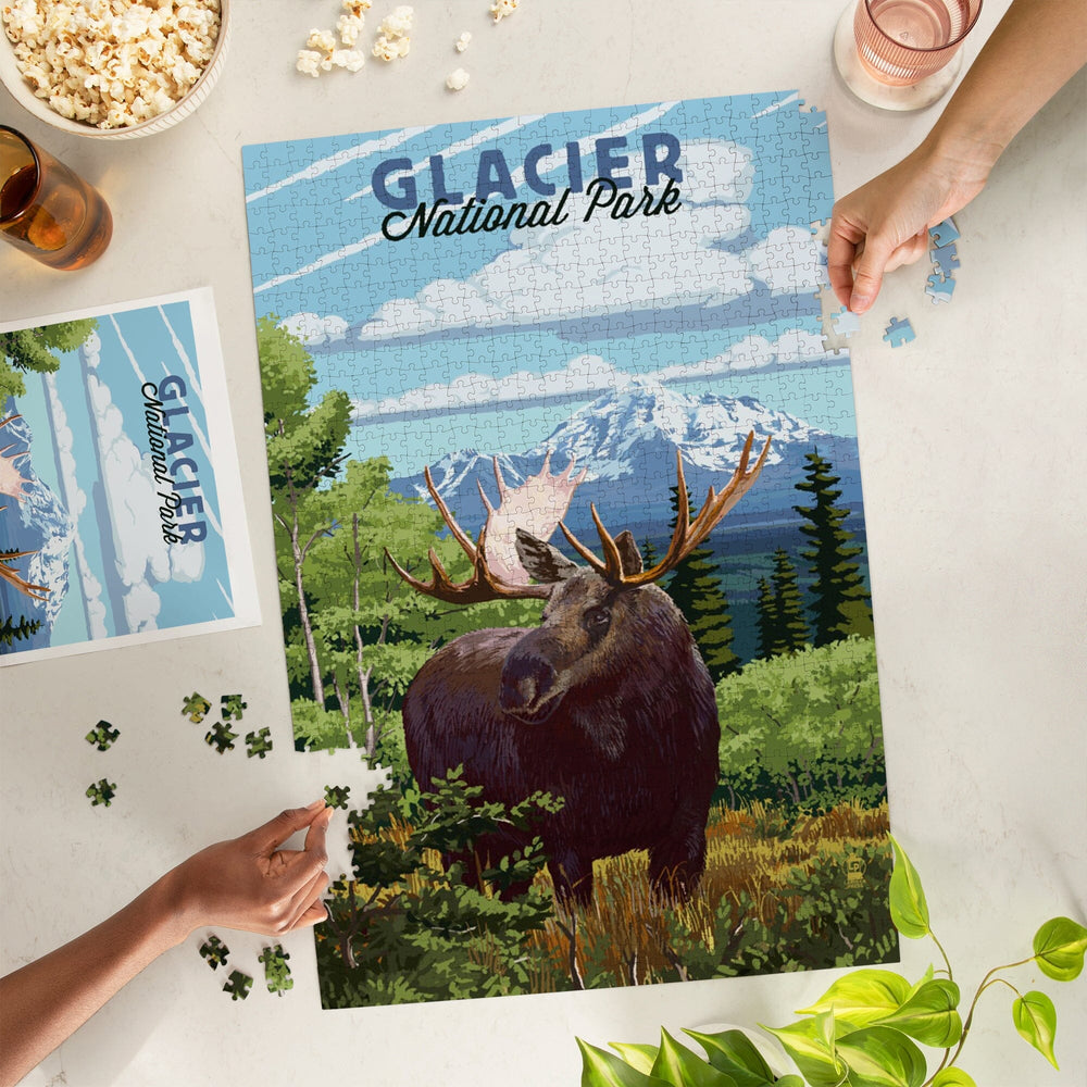 Glacier National Park, Montana, Moose and Mountain Landscape, Jigsaw Puzzle Puzzle Lantern Press 