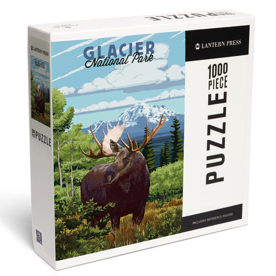 Glacier National Park, Montana, Moose and Mountain Landscape, Jigsaw Puzzle Puzzle Lantern Press 