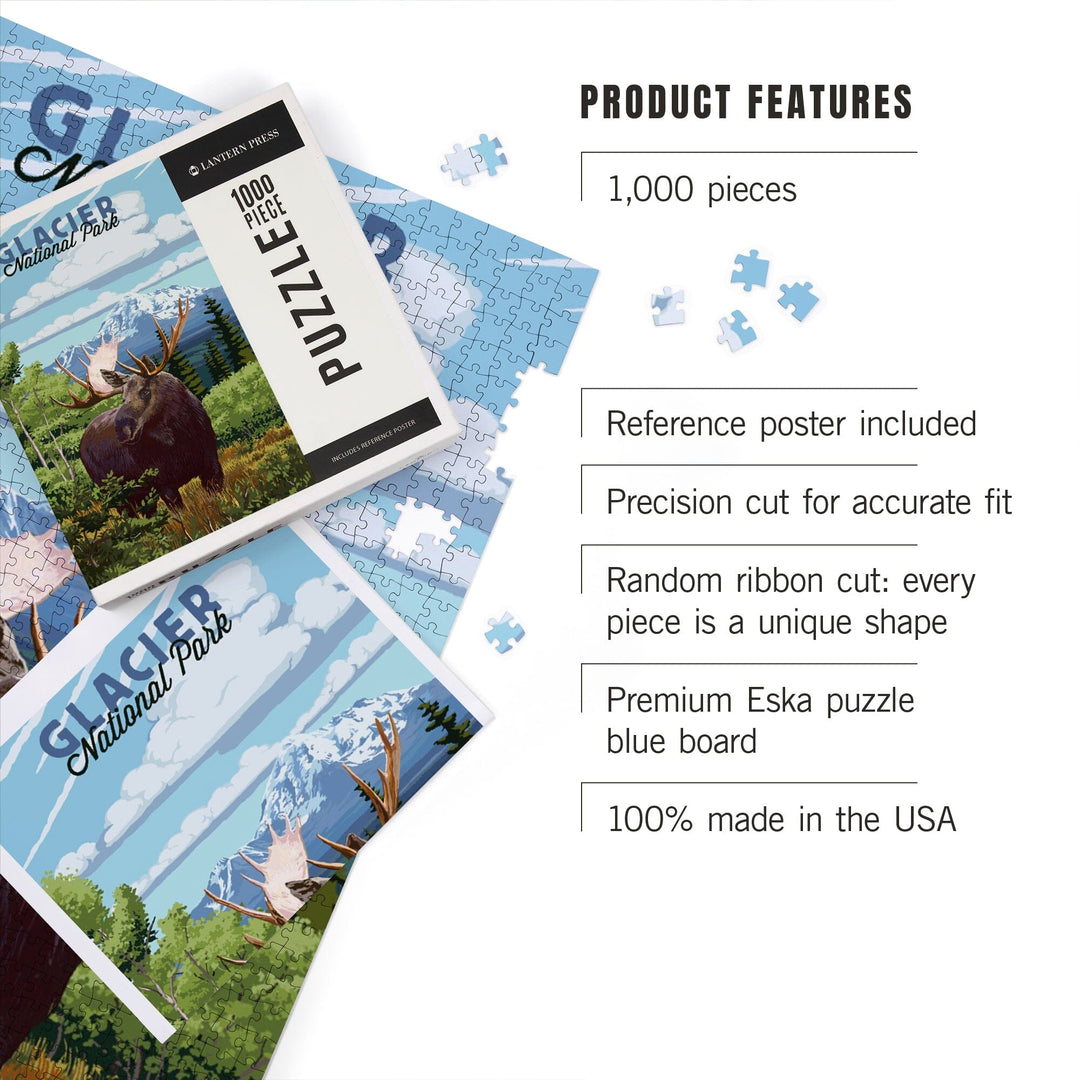 Glacier National Park, Montana, Moose and Mountain Landscape, Jigsaw Puzzle Puzzle Lantern Press 