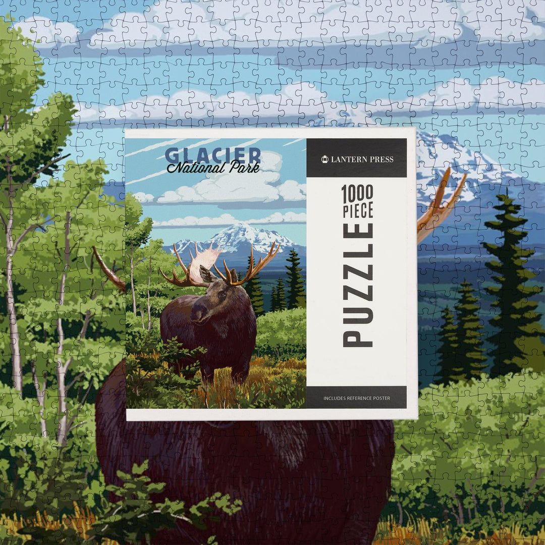 Glacier National Park, Montana, Moose and Mountain Landscape, Jigsaw Puzzle Puzzle Lantern Press 