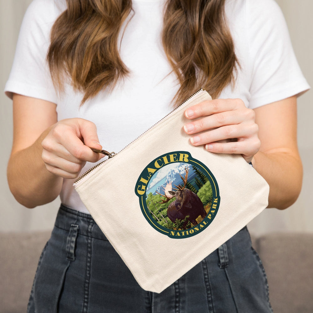 Glacier National Park, Montana, Moose and Mountain,, Organic Cotton Zipper Pouch, Go Bag Go Bag Lantern Press 