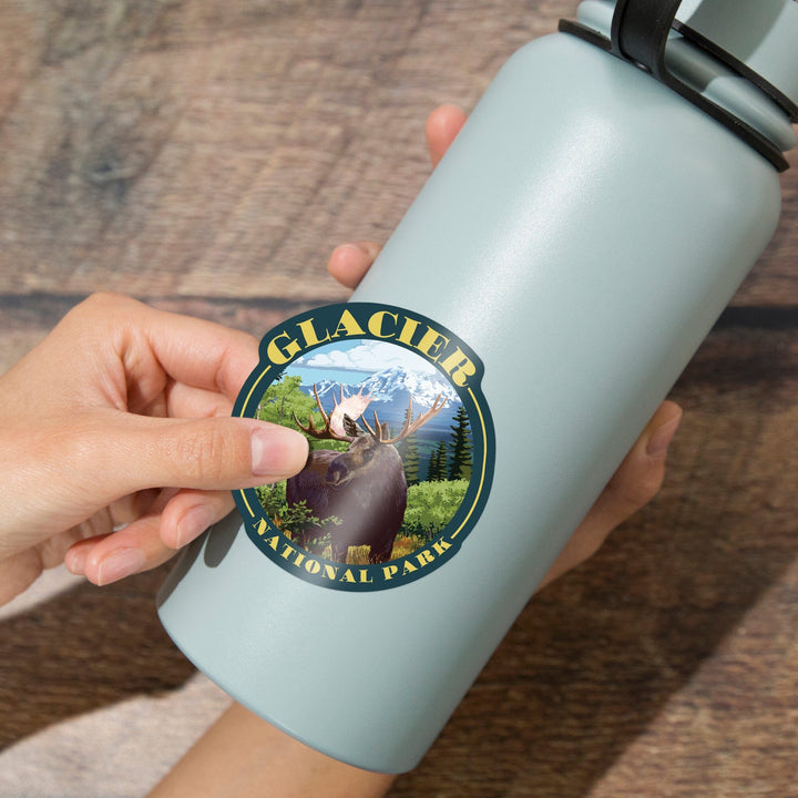 Glacier National Park, Montana, Moose & Mountain, Contour, Lantern Press Artwork, Vinyl Sticker - Lantern Press