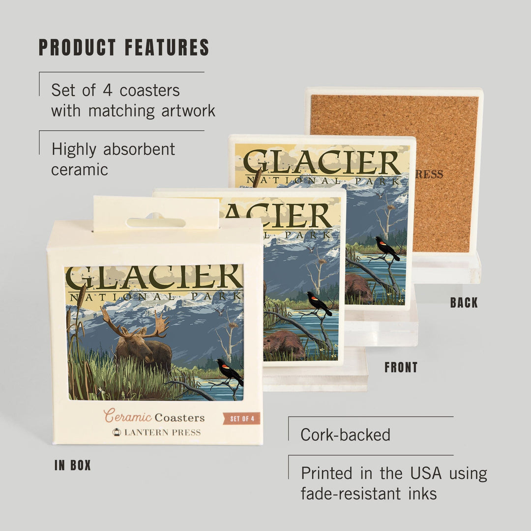 Glacier National Park, Montana, Mountain and Marsh Scene, Coasters Coasters Lantern Press 