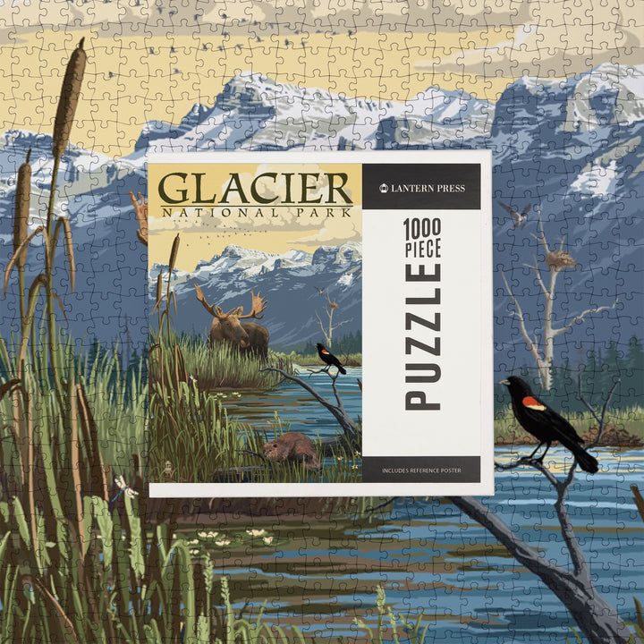 Glacier National Park, Montana, Mountain and Marsh Scene, Jigsaw Puzzle Puzzle Lantern Press 