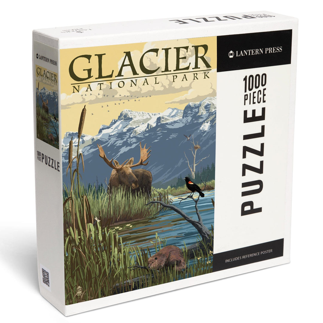 Glacier National Park, Montana, Mountain and Marsh Scene, Jigsaw Puzzle Puzzle Lantern Press 