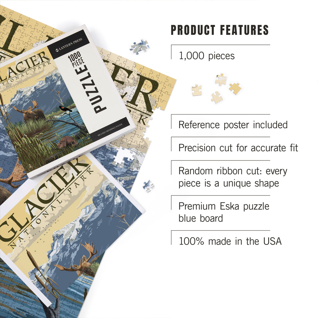 Glacier National Park, Montana, Mountain and Marsh Scene, Jigsaw Puzzle Puzzle Lantern Press 