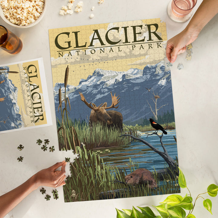 Glacier National Park, Montana, Mountain and Marsh Scene, Jigsaw Puzzle Puzzle Lantern Press 