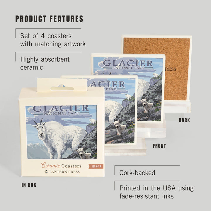 Glacier National Park, Montana, Mountain Goat and Kid, Illustration, Coasters Coasters Lantern Press 