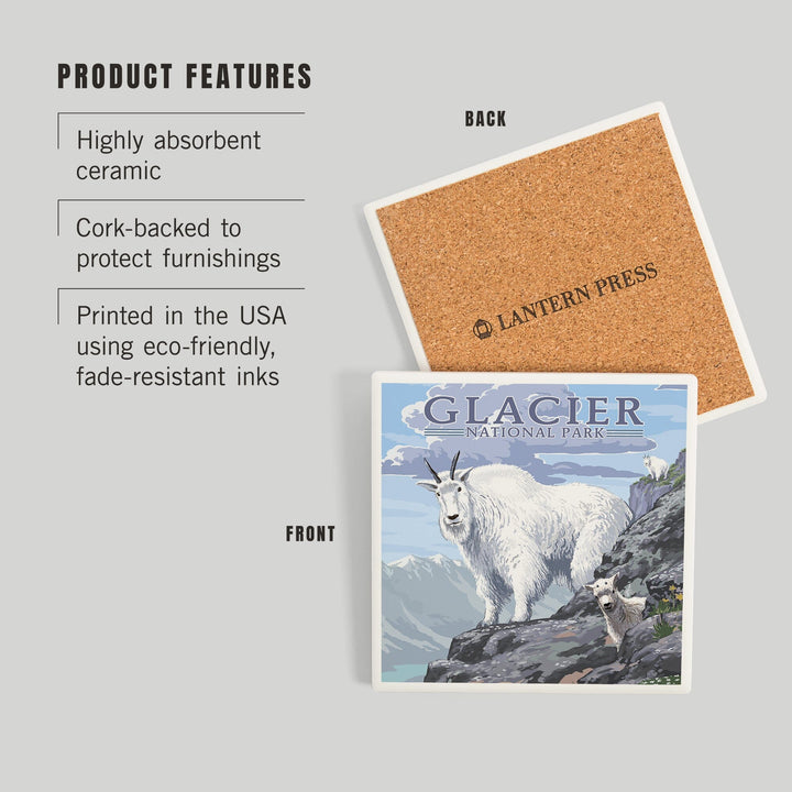 Glacier National Park, Montana, Mountain Goat and Kid, Illustration, Coasters Coasters Lantern Press 