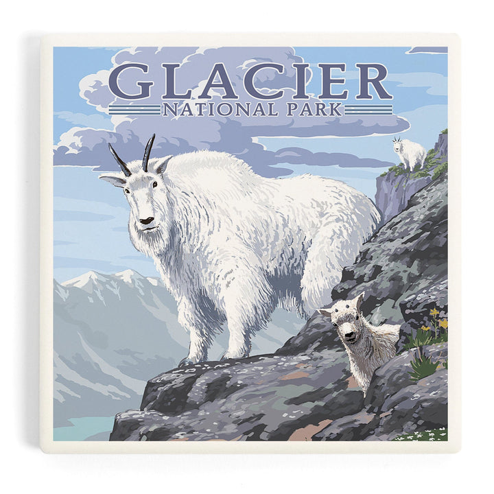 Glacier National Park, Montana, Mountain Goat and Kid, Illustration, Coasters Coasters Lantern Press Coaster 