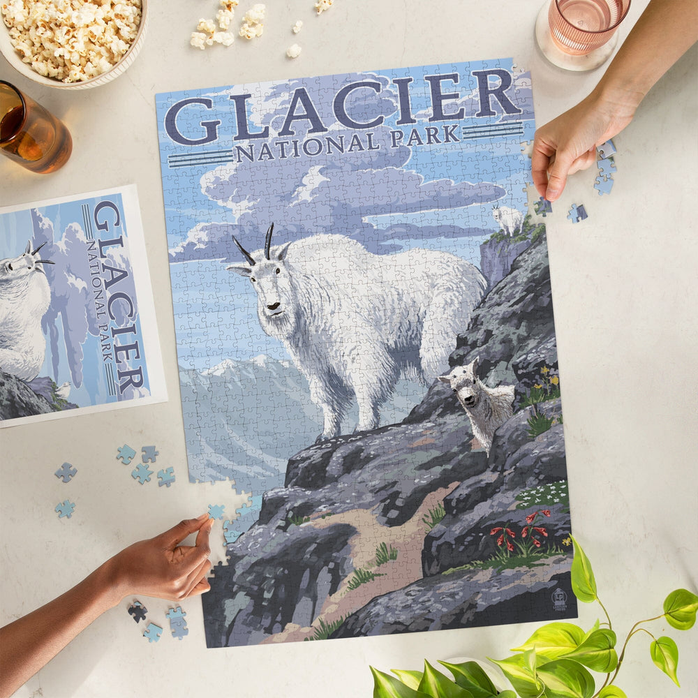 Glacier National Park, Montana, Mountain Goat and Kid, Illustration, Jigsaw Puzzle Puzzle Lantern Press 