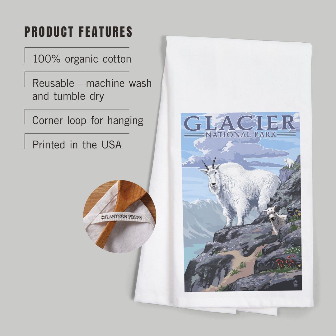 Glacier National Park, Montana, Mountain Goat and Kid, Illustration, Organic Cotton Kitchen Tea Towels Kitchen Lantern Press 