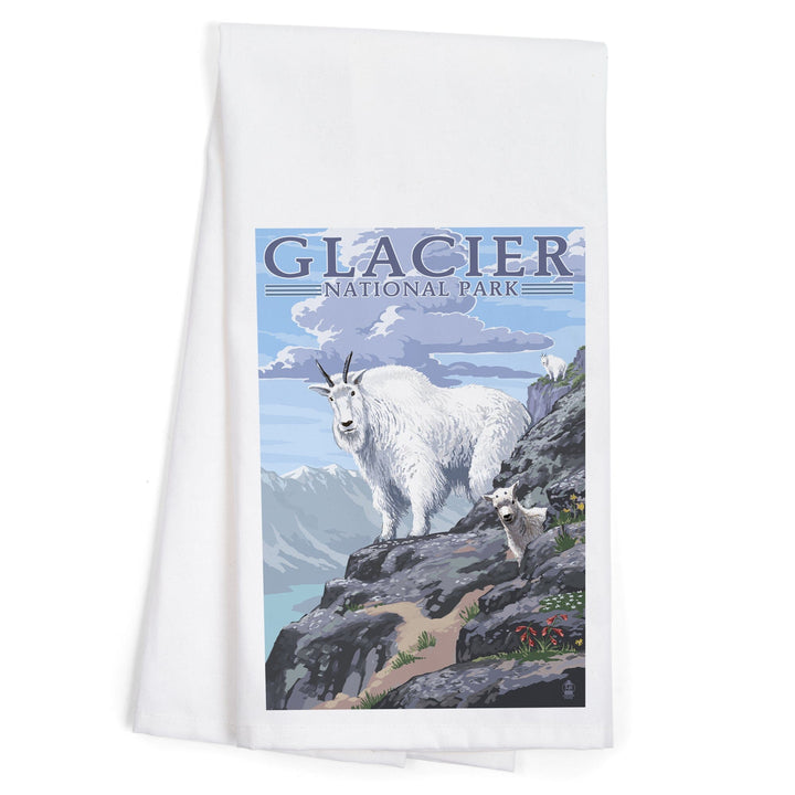 Glacier National Park, Montana, Mountain Goat and Kid, Illustration, Organic Cotton Kitchen Tea Towels Kitchen Lantern Press 