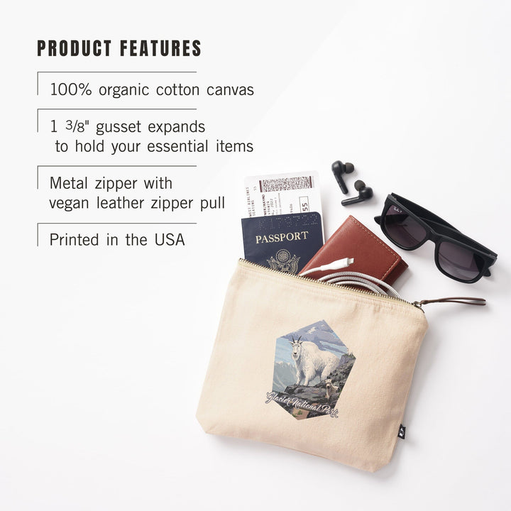 Glacier National Park, Montana, Mountain Goat and Kid,, Organic Cotton Zipper Pouch, Go Bag Go Bag Lantern Press 