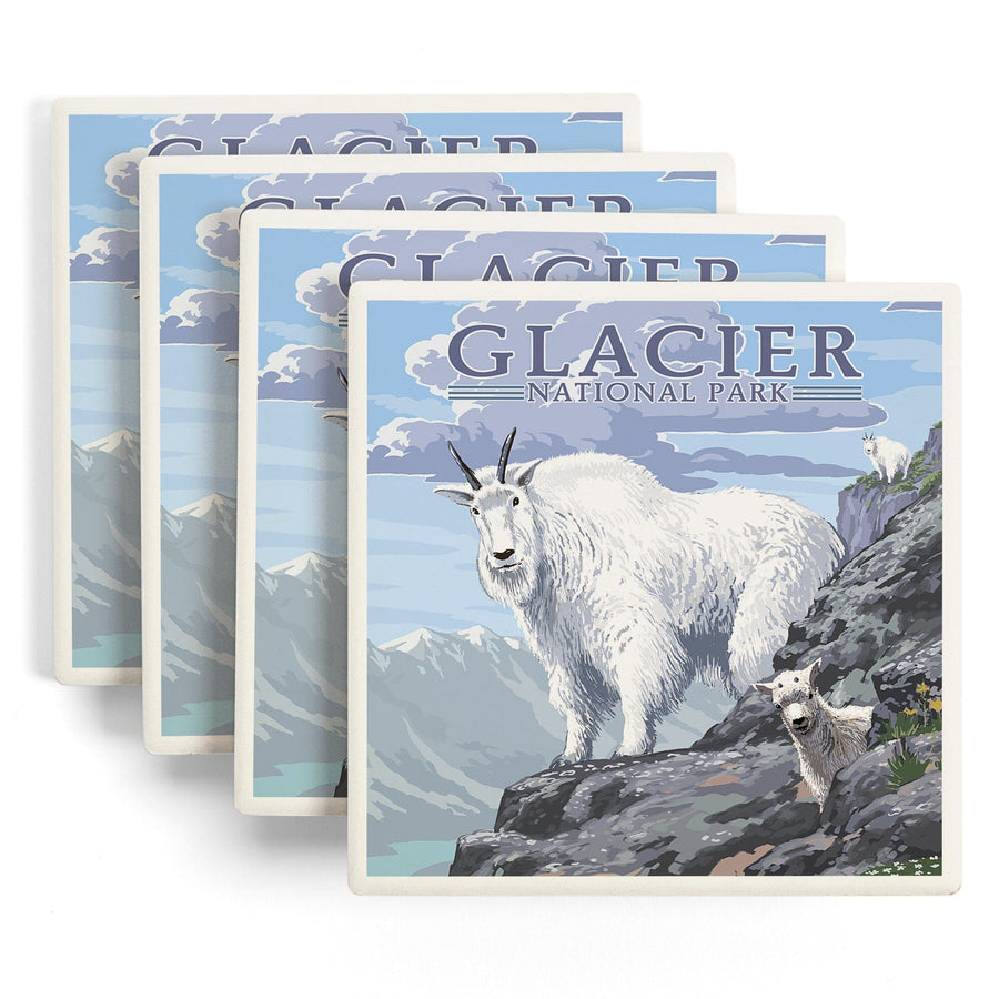 Glacier National Park, Montana, Mountain Goat & Kid, Lantern Press Artwork, Coaster Set - Lantern Press