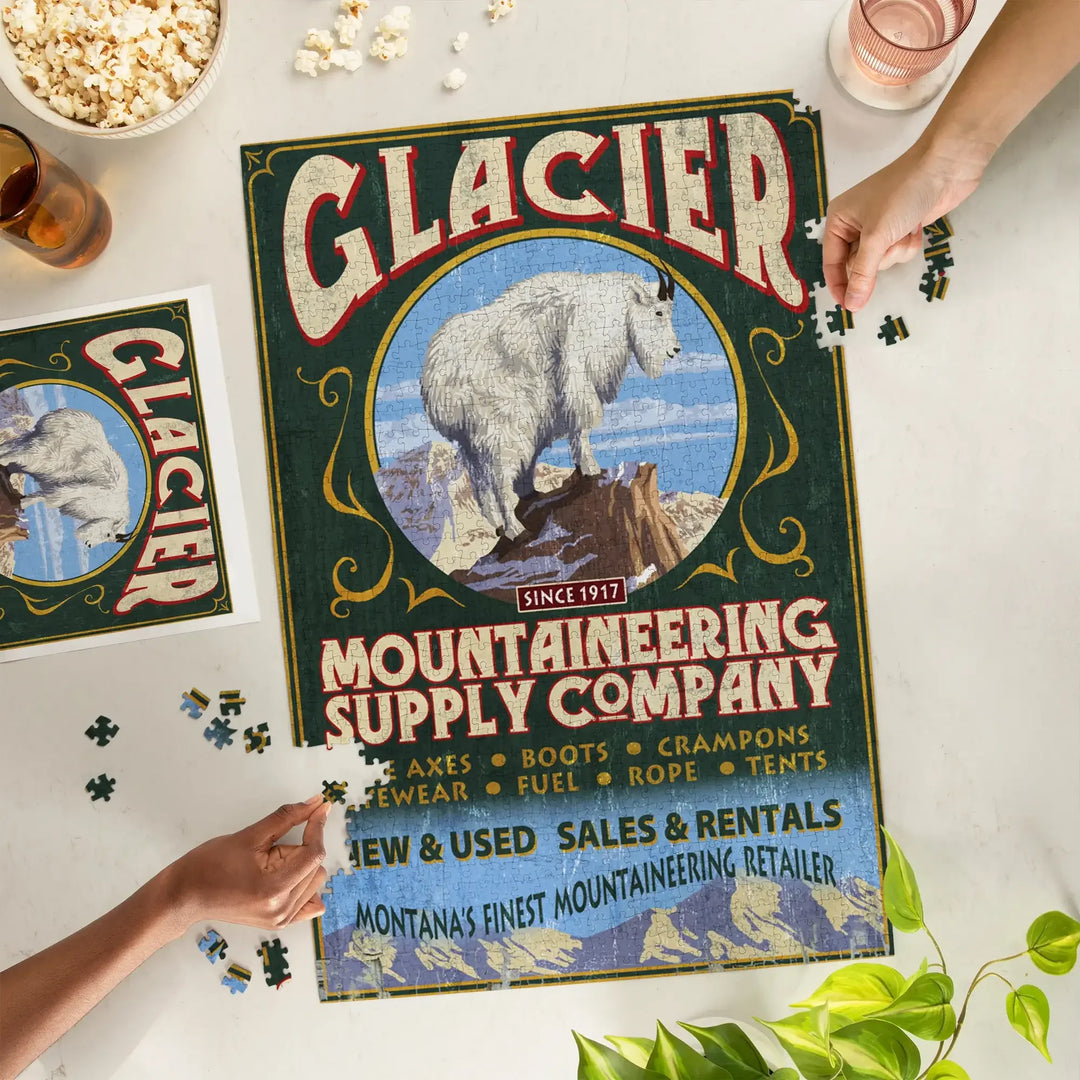 Glacier National Park, Montana, Mountain Goat Vintage Sign, Jigsaw Puzzle Puzzle Lantern Press 