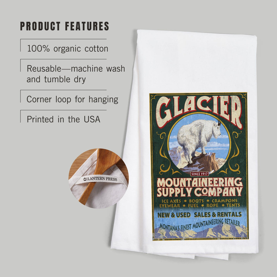 Glacier National Park, Montana, Mountain Goat Vintage Sign, Organic Cotton Kitchen Tea Towels Kitchen Lantern Press 