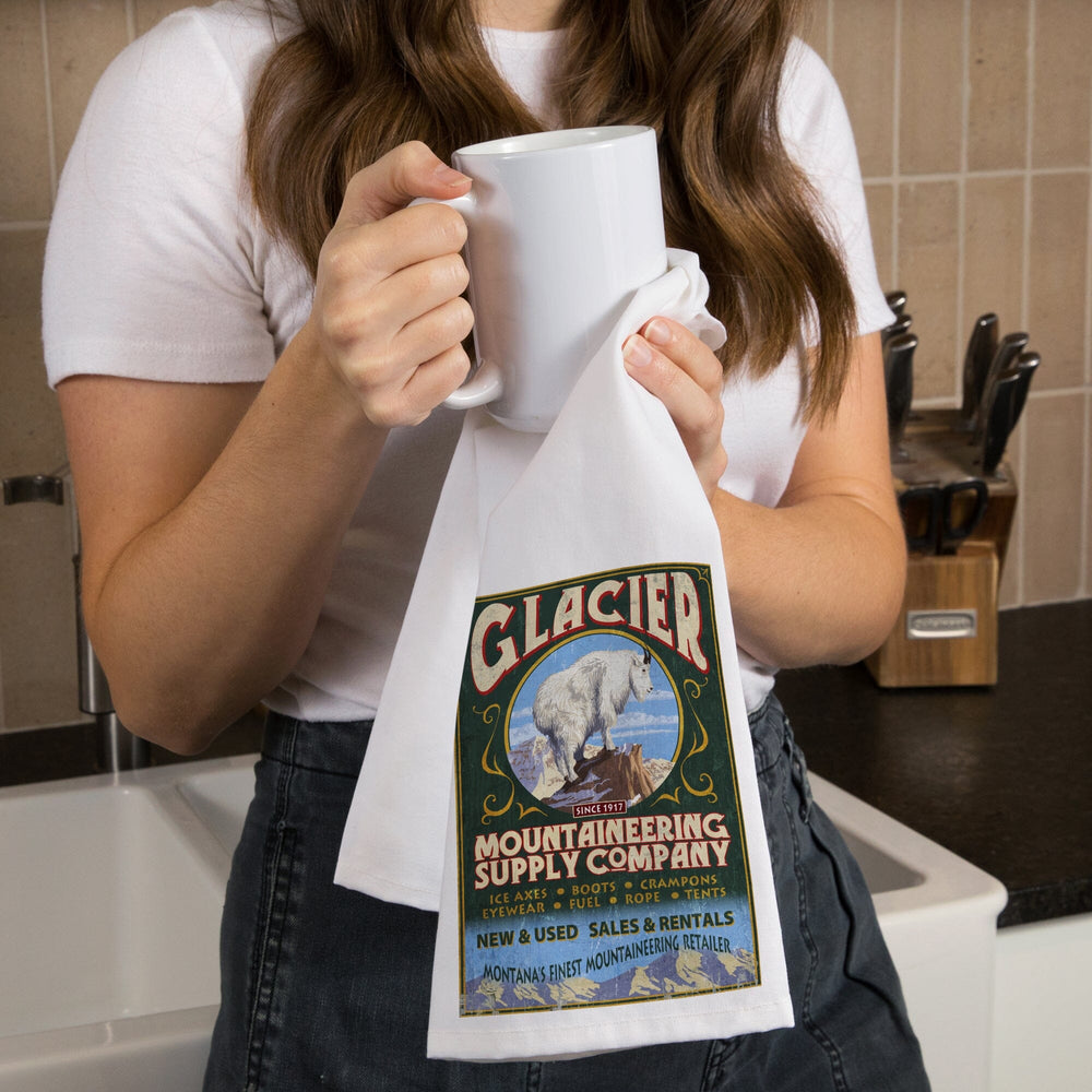 Glacier National Park, Montana, Mountain Goat Vintage Sign, Organic Cotton Kitchen Tea Towels Kitchen Lantern Press 