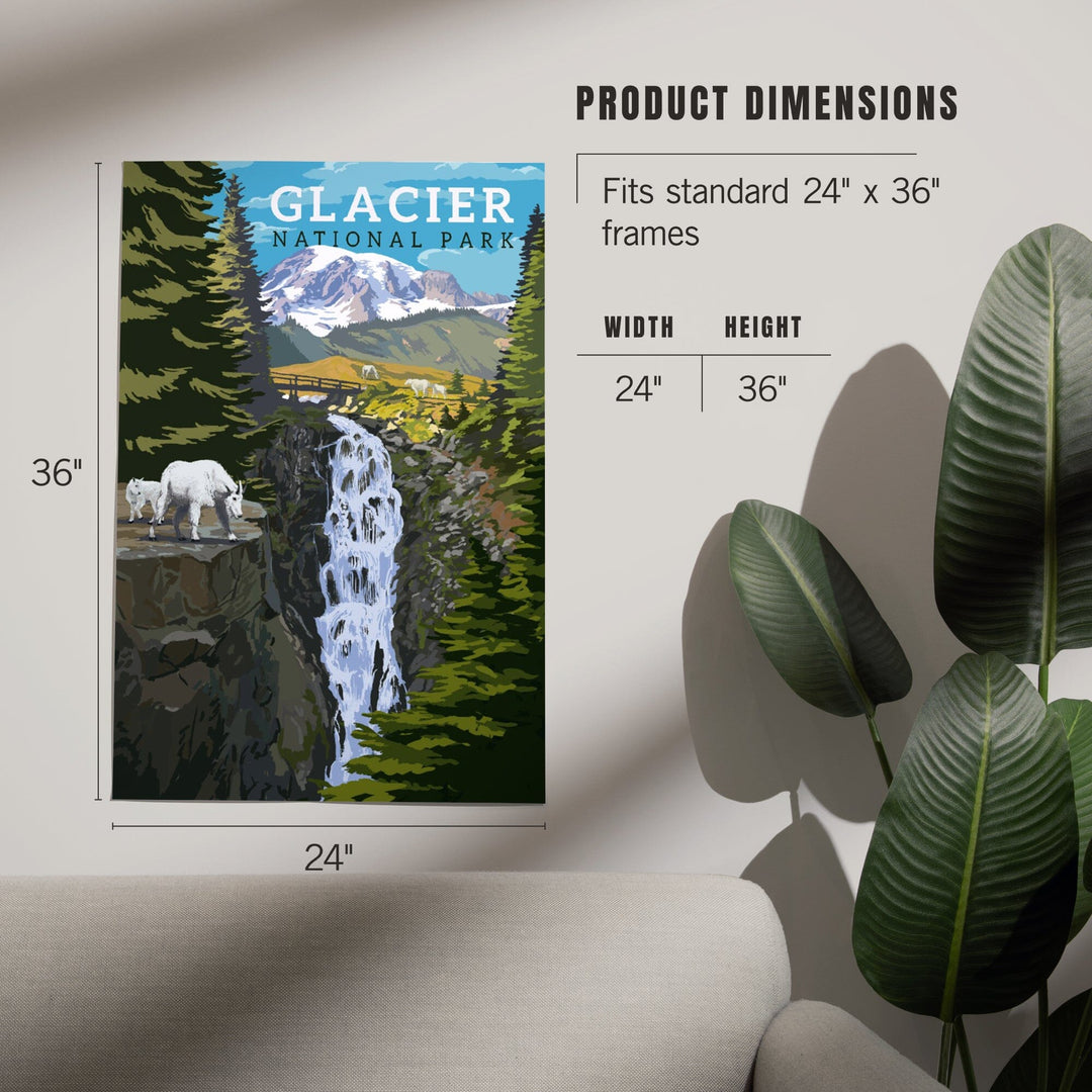 Glacier National Park, Montana, Mountain Goats and Waterfall, Art & Giclee Prints Art Lantern Press 