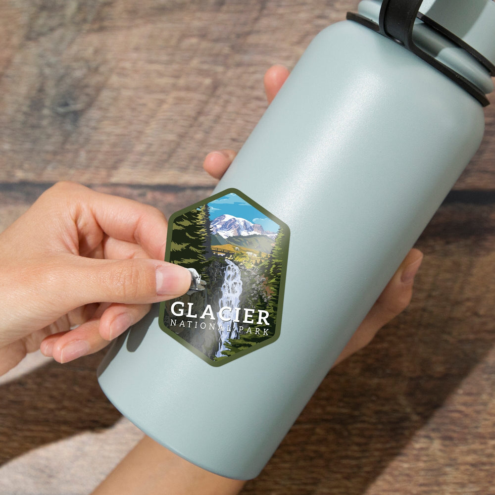 Glacier National Park, Montana, Mountain Goats and Waterfall, Contour, Vinyl Sticker Sticker Lantern Press 