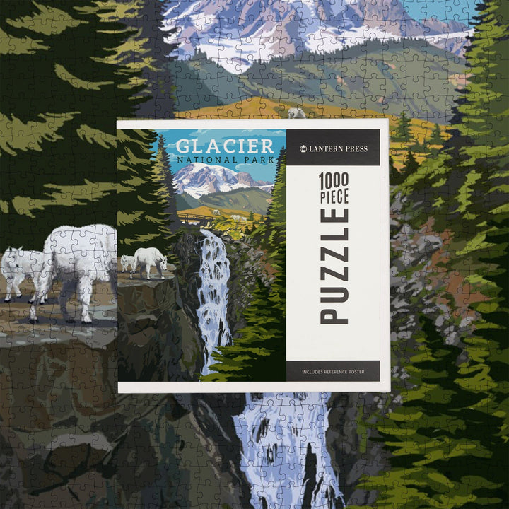 Glacier National Park, Montana, Mountain Goats and Waterfall, Jigsaw Puzzle Puzzle Lantern Press 