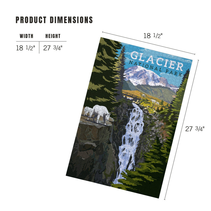 Glacier National Park, Montana, Mountain Goats and Waterfall, Jigsaw Puzzle Puzzle Lantern Press 