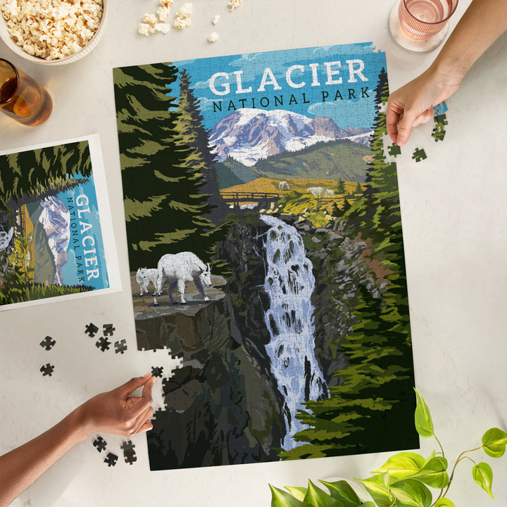 Glacier National Park, Montana, Mountain Goats and Waterfall, Jigsaw Puzzle Puzzle Lantern Press 