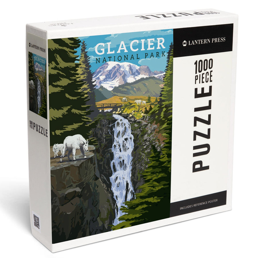 Glacier National Park, Montana, Mountain Goats and Waterfall, Jigsaw Puzzle Puzzle Lantern Press 