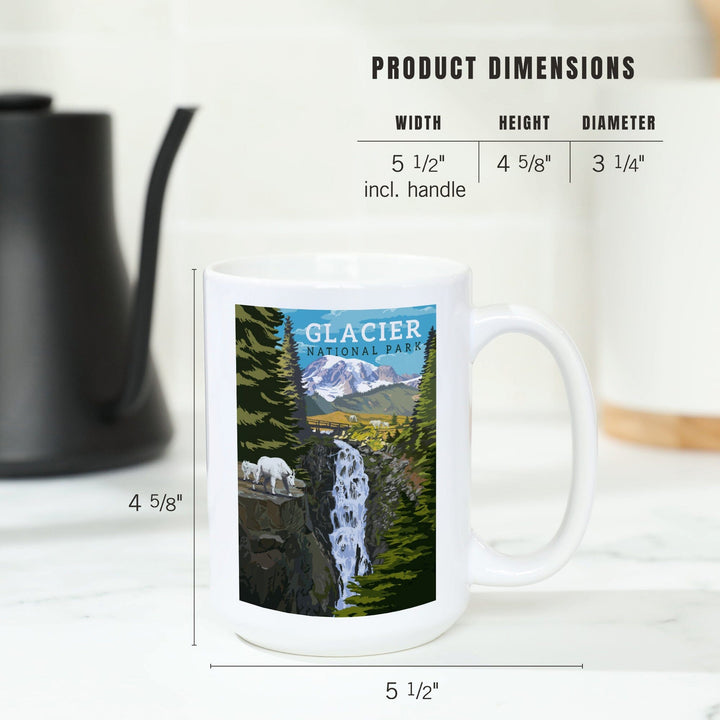 Glacier National Park, Montana, Mountain Goats & Waterfall, Lantern Press Artwork, Ceramic Mug - Lantern Press