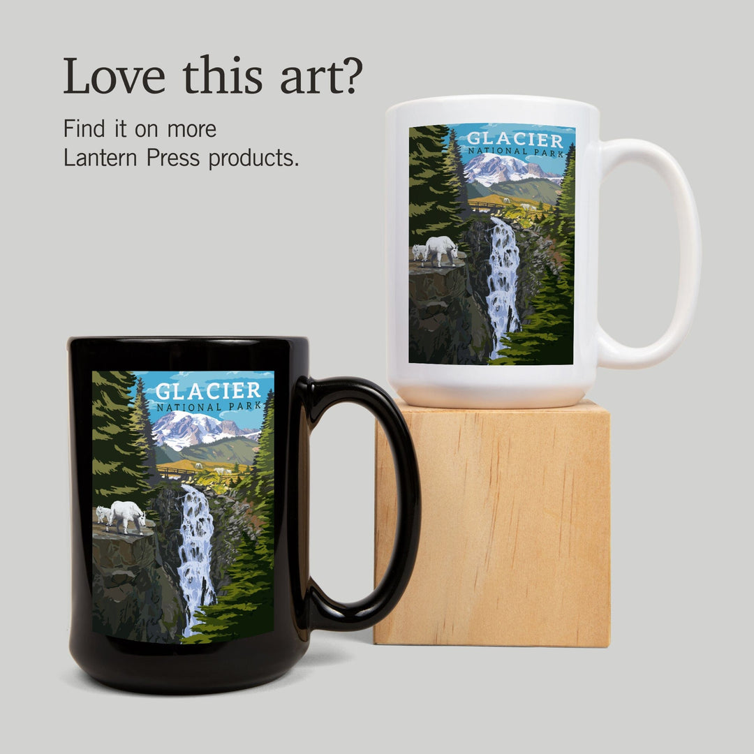 Glacier National Park, Montana, Mountain Goats & Waterfall, Lantern Press Artwork, Ceramic Mug - Lantern Press