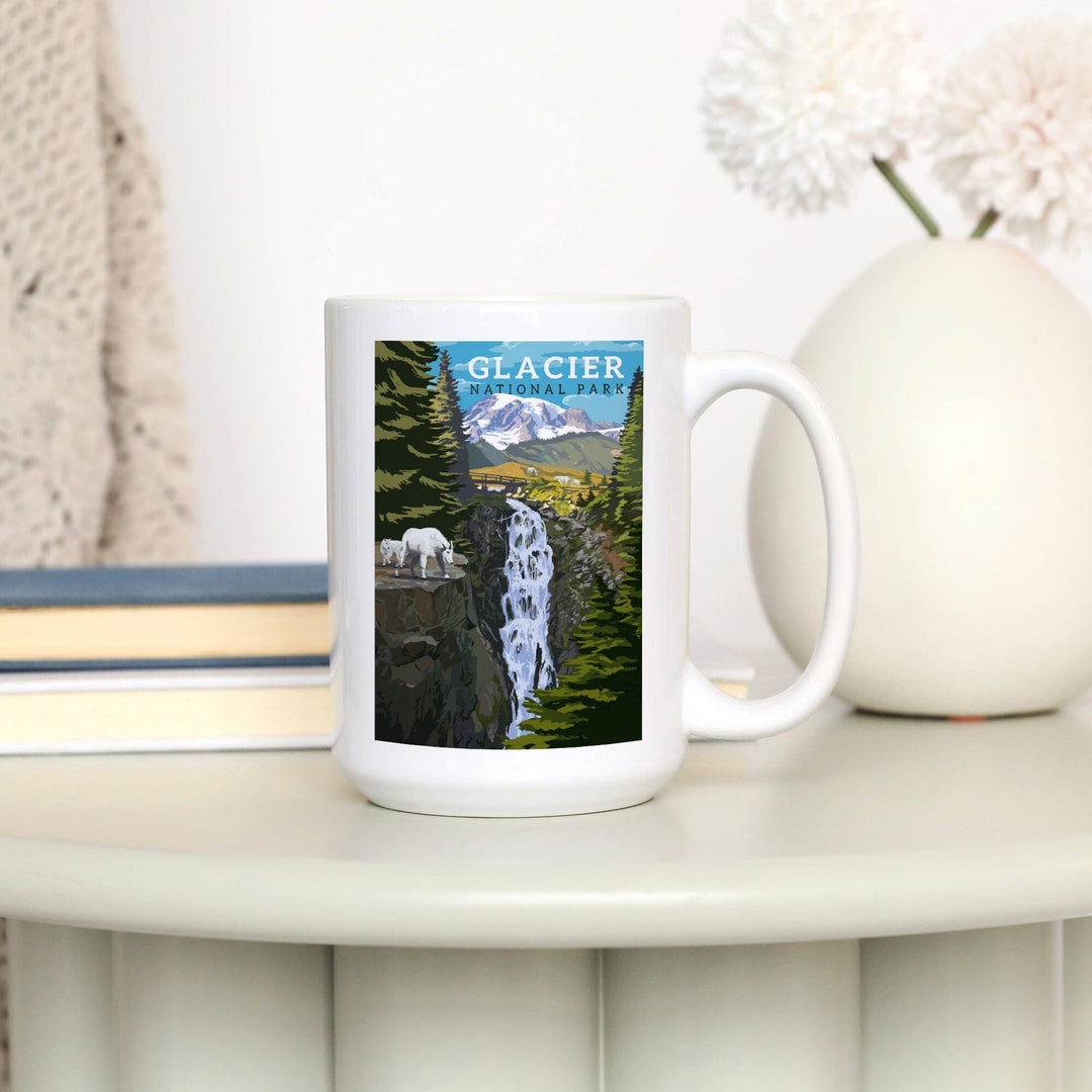 Glacier National Park, Montana, Mountain Goats & Waterfall, Lantern Press Artwork, Ceramic Mug Mugs Lantern Press 