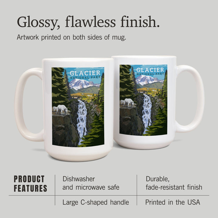 Glacier National Park, Montana, Mountain Goats & Waterfall, Lantern Press Artwork, Ceramic Mug - Lantern Press