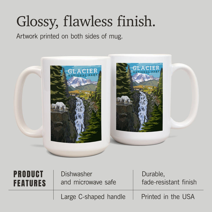 Glacier National Park, Montana, Mountain Goats & Waterfall, Lantern Press Artwork, Ceramic Mug Mugs Lantern Press 