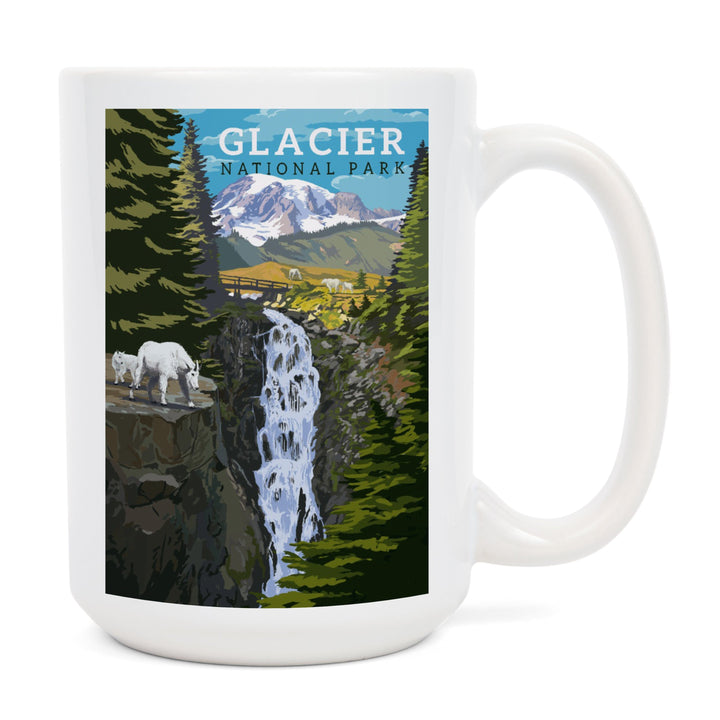 Glacier National Park, Montana, Mountain Goats & Waterfall, Lantern Press Artwork, Ceramic Mug - Lantern Press