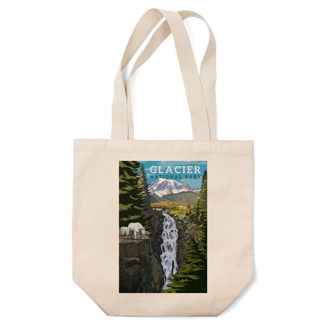 Glacier National Park, Montana, Mountain Goats & Waterfall, Lantern Press Artwork, Tote Bag - Lantern Press