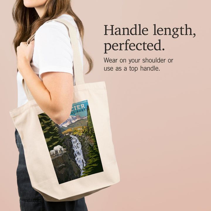 Glacier National Park, Montana, Mountain Goats & Waterfall, Lantern Press Artwork, Tote Bag - Lantern Press